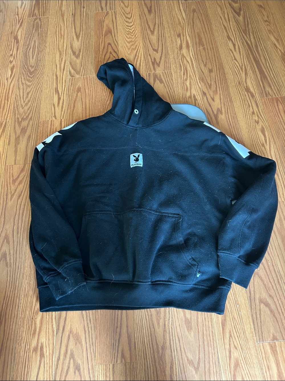 PLAYBOY Black Hoodie with Chest Bunny Patch and Shoulder Panels
